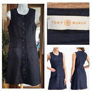 Tory Burch Linen Shift Dress Size 6 Navy Sleeveless Button Front Pockets Classic